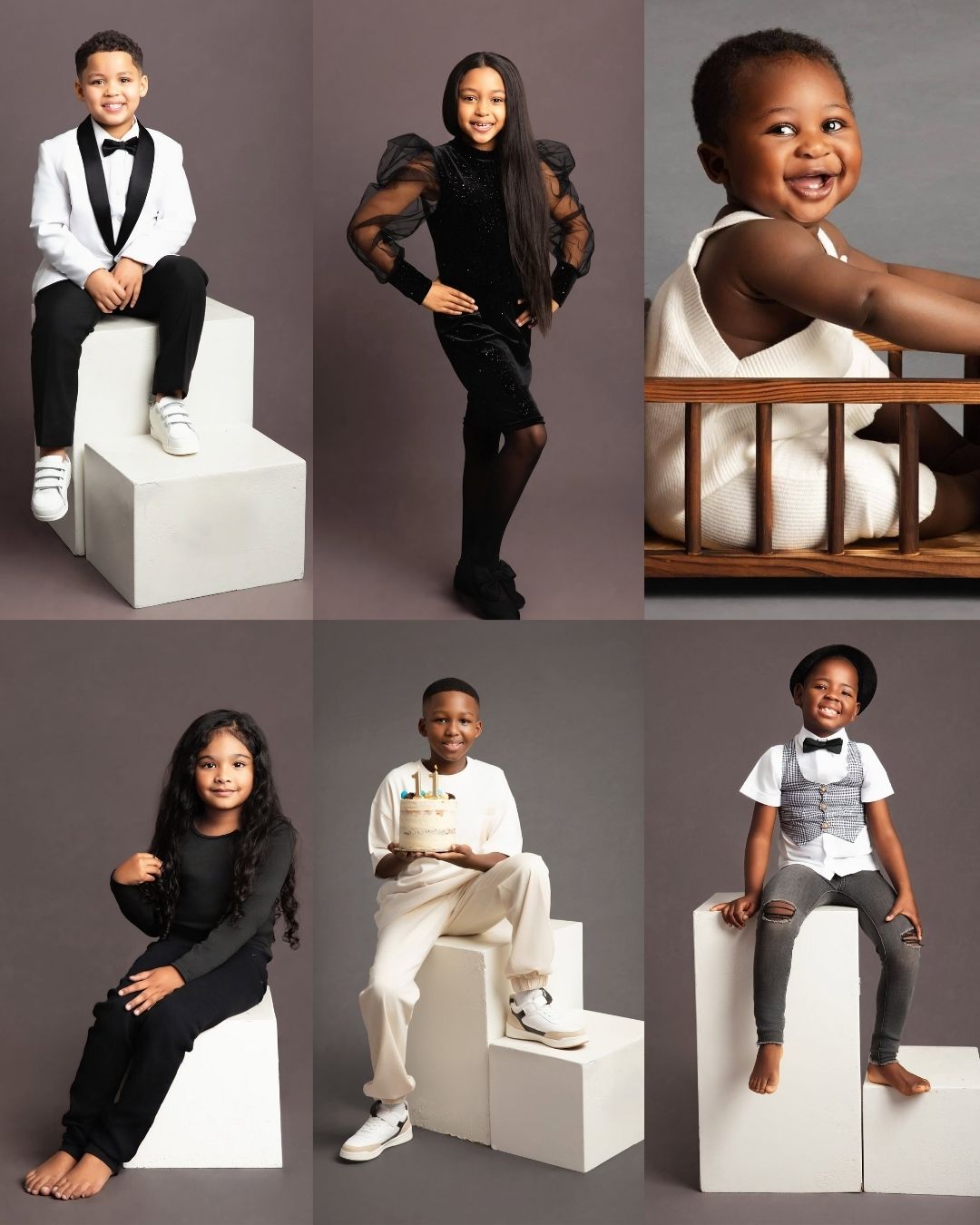 A six-panel collage of children modeling formal children's clothing and accessories against a solid dark gray studio background. The outfits include white, black, cream, and gray ensembles, with some children posing on white geometric display blocks and one child sitting in a wooden crib.