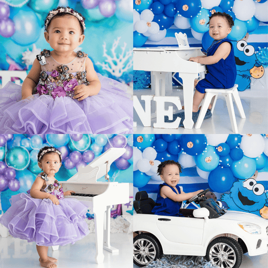 A collage of images showing a baby in various outfits at a cake smash photoshoot, with decorations and props including a cake, a white chair, and a studio backdrop.