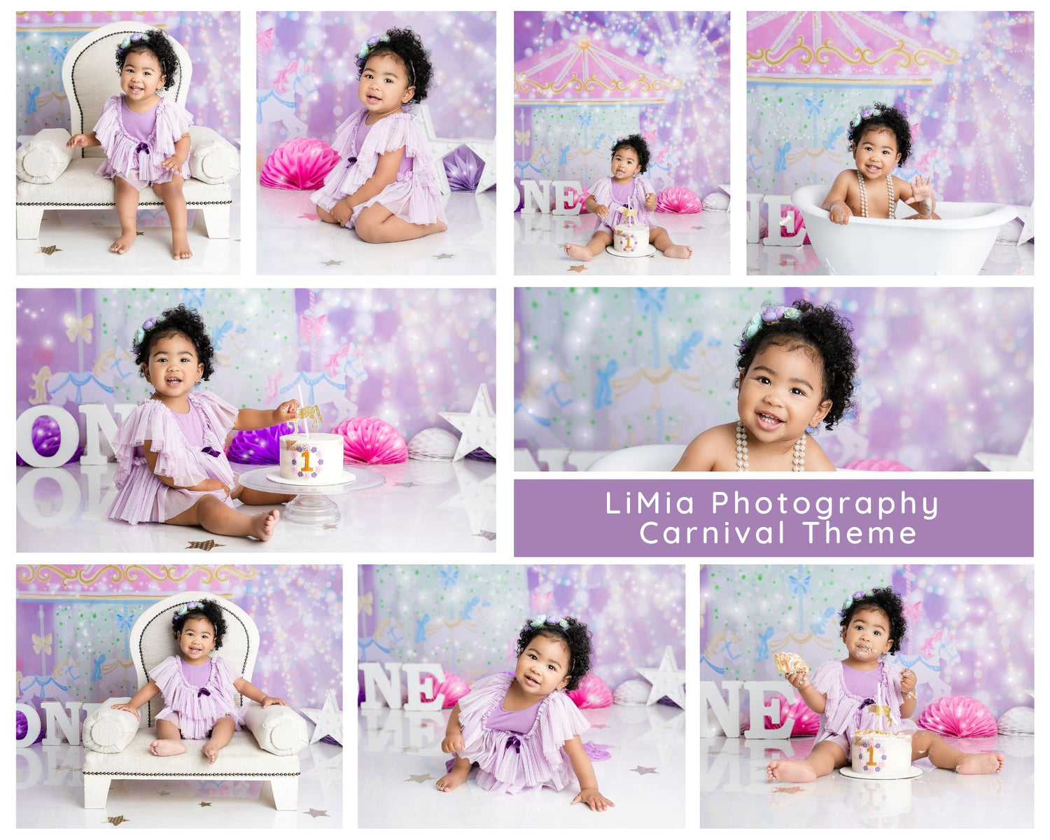 Girl on purple carnival setup with a cake