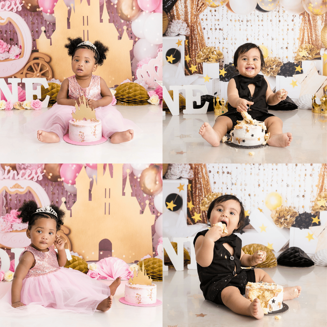 A collage of four images showing a baby in different outfits during a cake smash photography session, with the baby surrounded by decorative items and props.