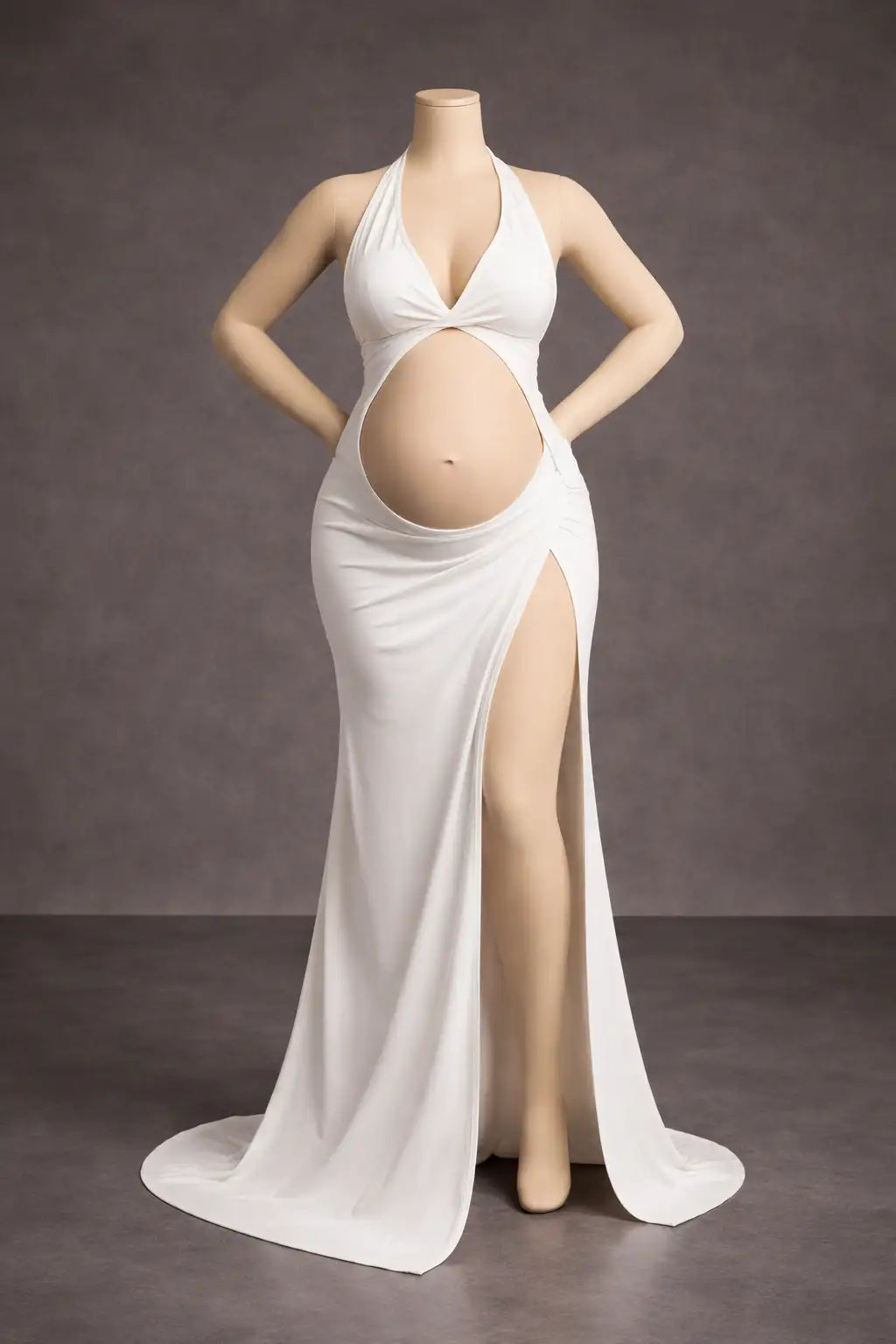 White maternity gown on a mannequin with a grey background for a maternity Photo shoot