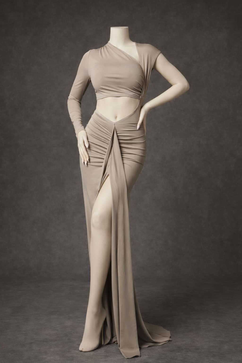 Beige evening gown on a mannequin against a dark background for a maternity photo shoot
