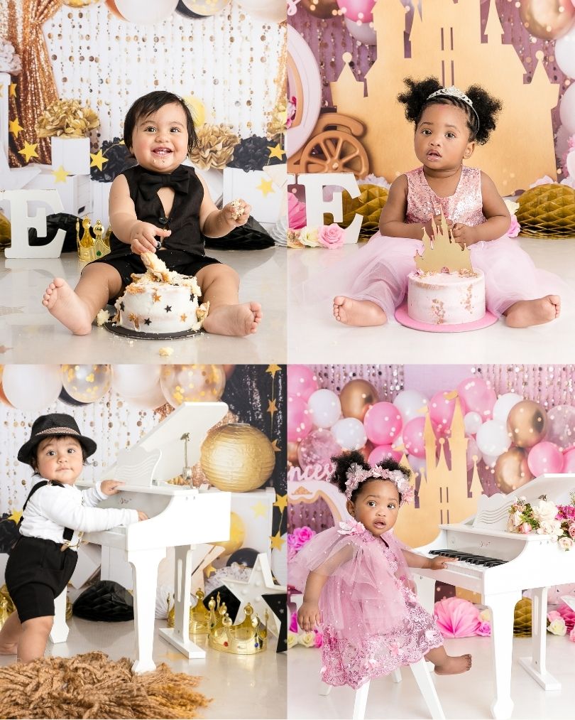 A four-panel collage showing children celebrating a first birthday in elaborate party settings. The top-left panel shows a toddler in a black outfit smashing a decorated cake.