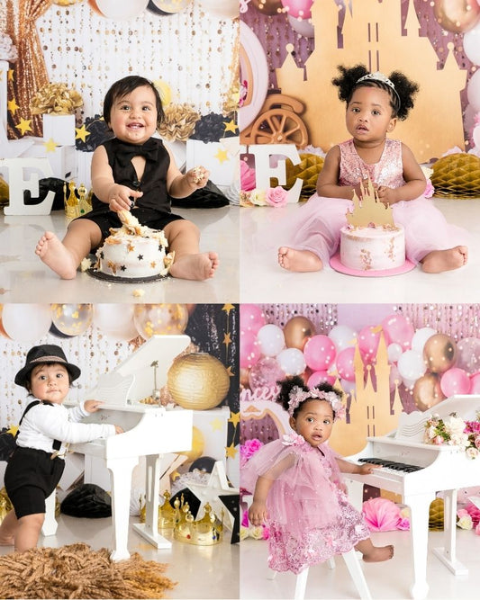 A four-panel collage showing children celebrating a first birthday in elaborate party settings. The top-left panel shows a toddler in a black outfit smashing a decorated cake.