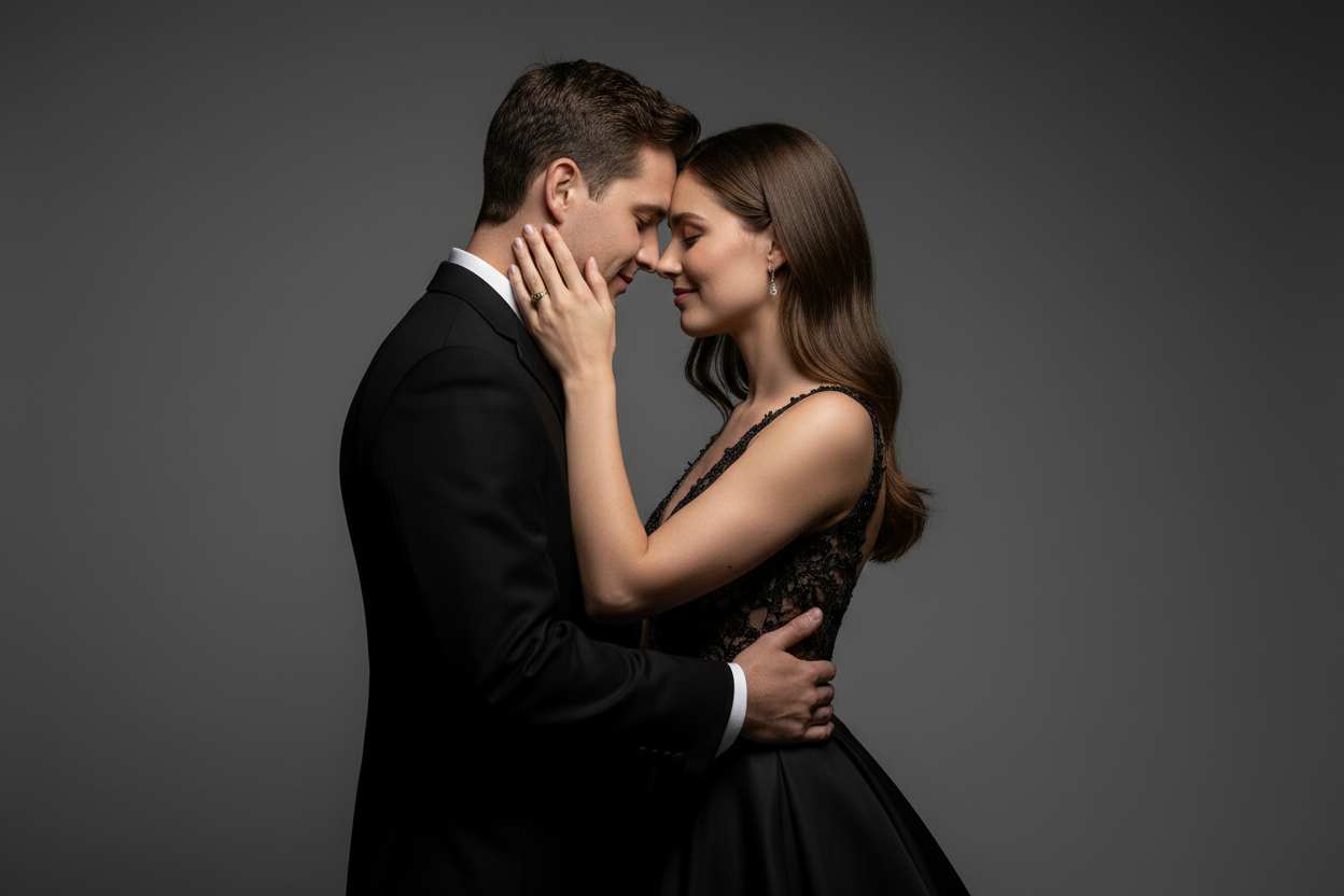 Man and woman embracing against a dark background