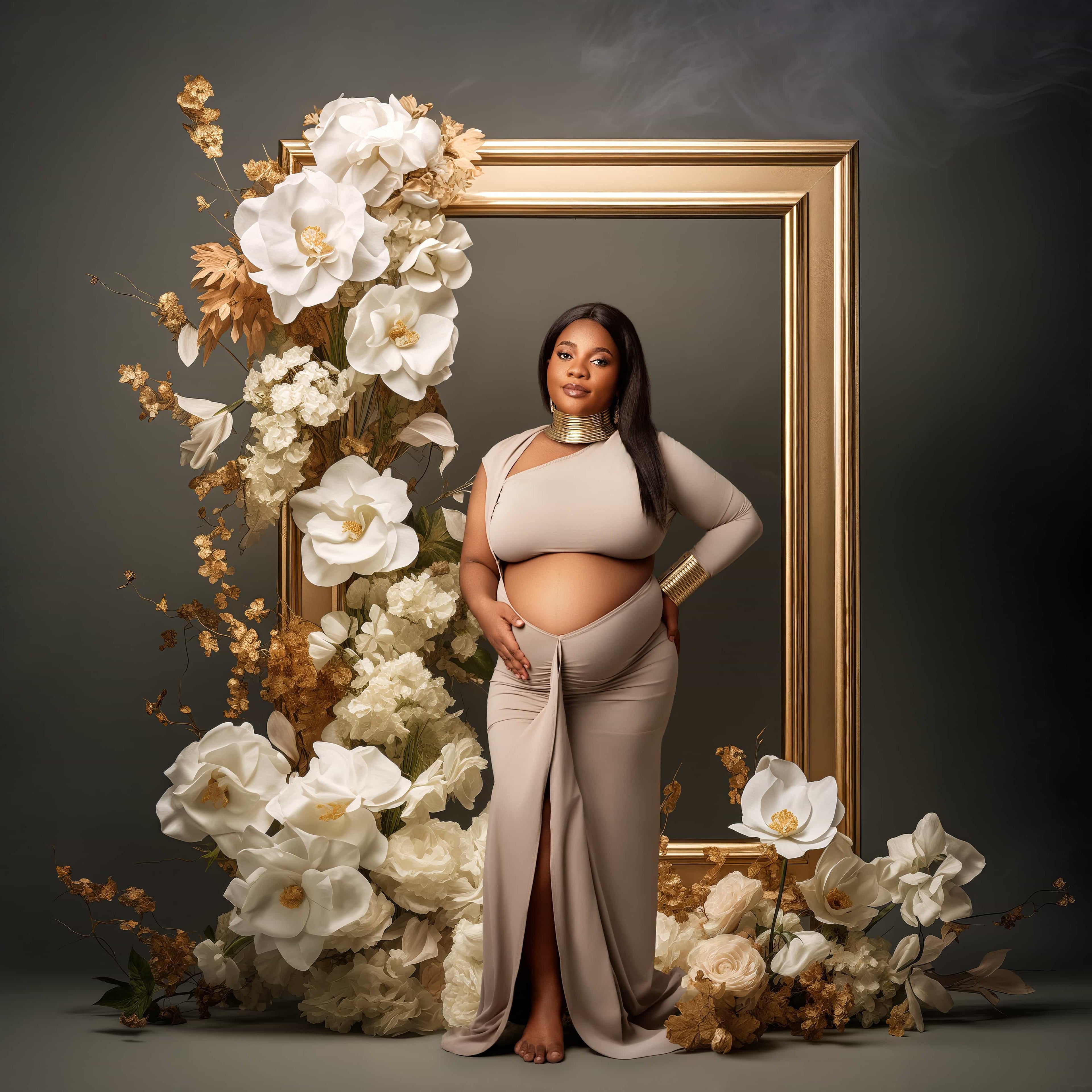 Pregnant women in studio wearing a beige maternity dress against a flower frame background