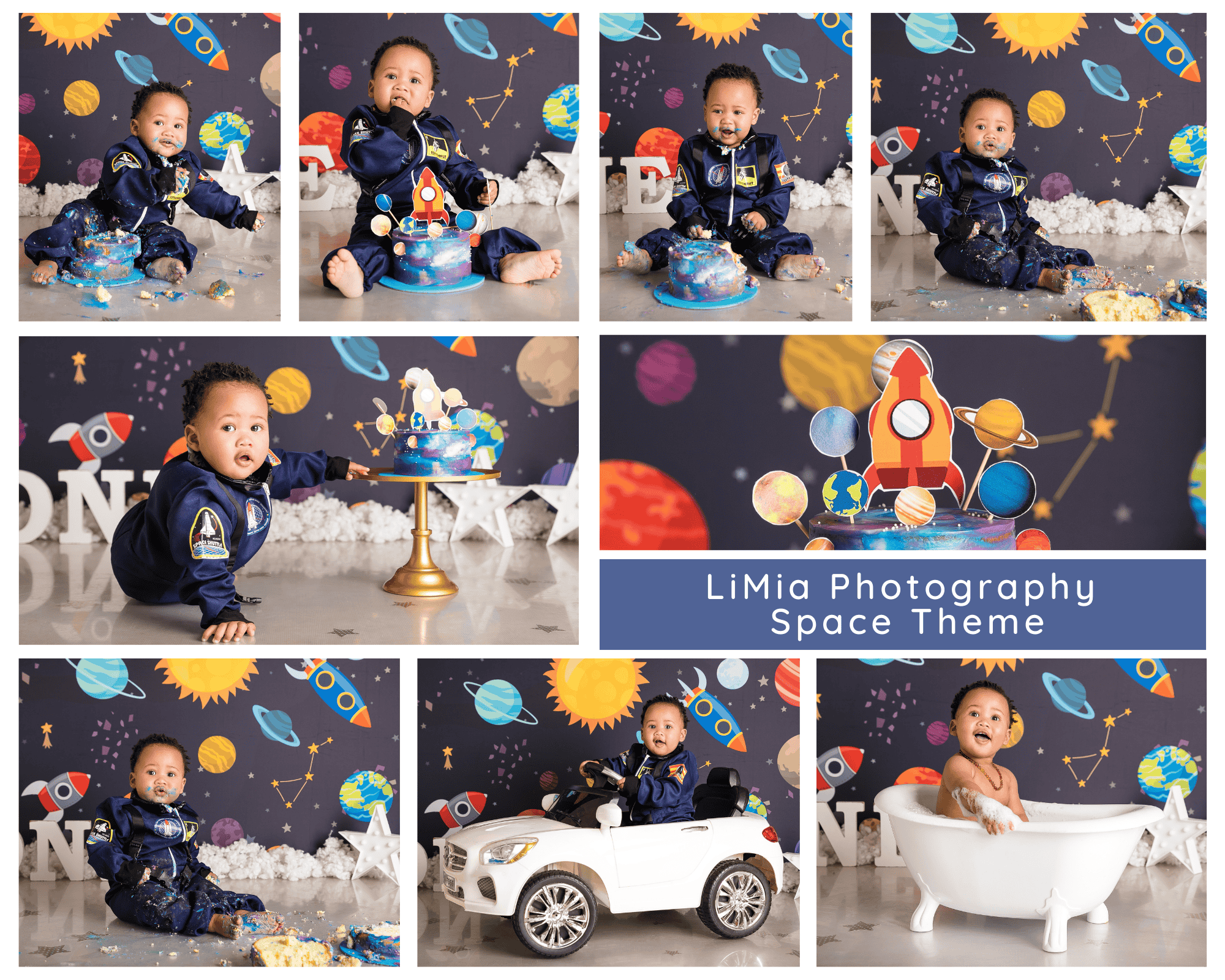 A space theme birthday setup. The boy is in a space outfit smiling towards the camera