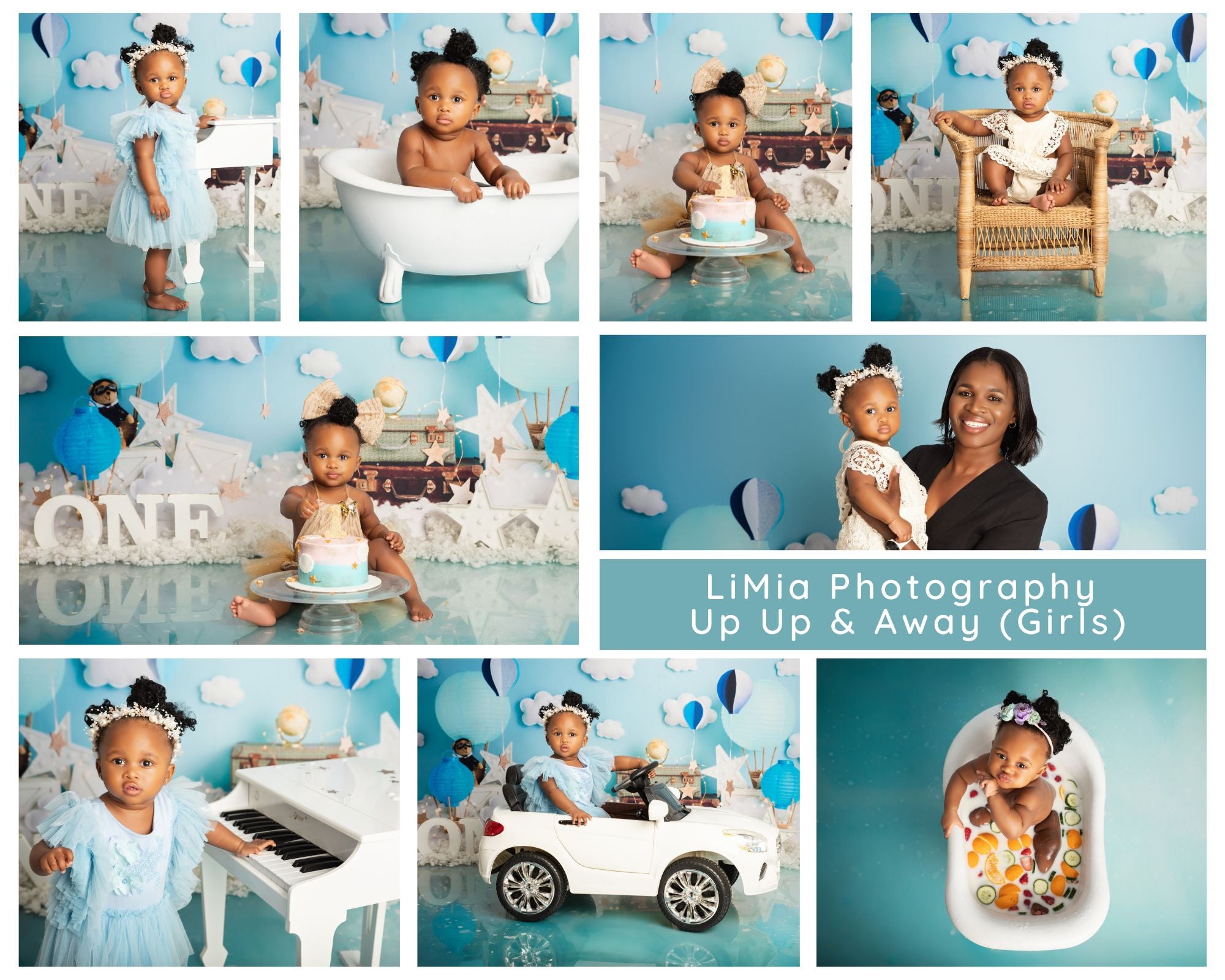 a collage of images of a girl in a tulle outfit with a piano, car and cake