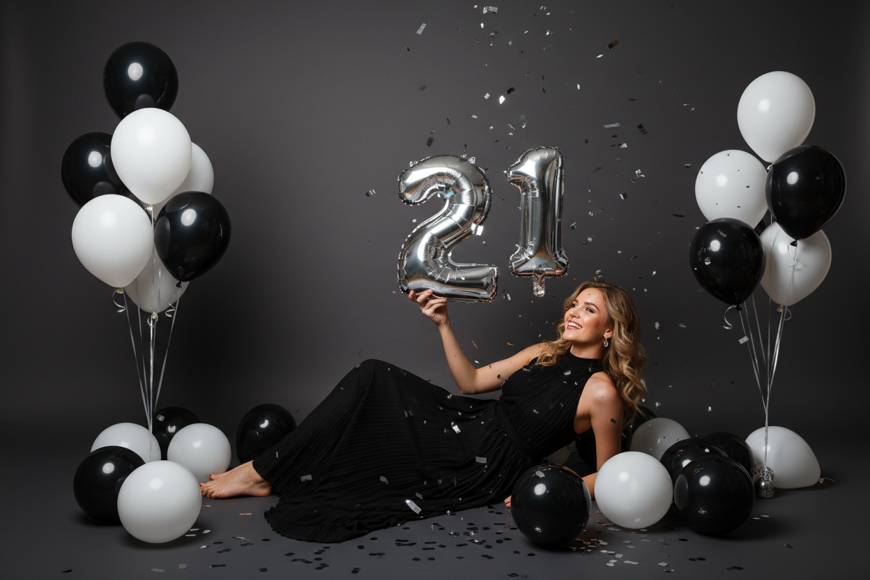 Woman holding silver '21' balloons surrounded by black and white balloons on a dark background