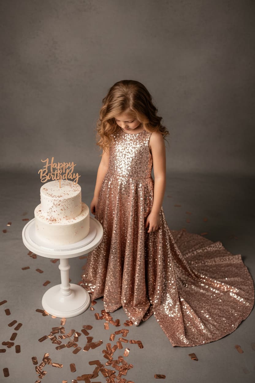 Young girl in a rose gold sequin dress standing next to a two-tiered birthday cake with 'Happy Birthday' topper on a gray background.